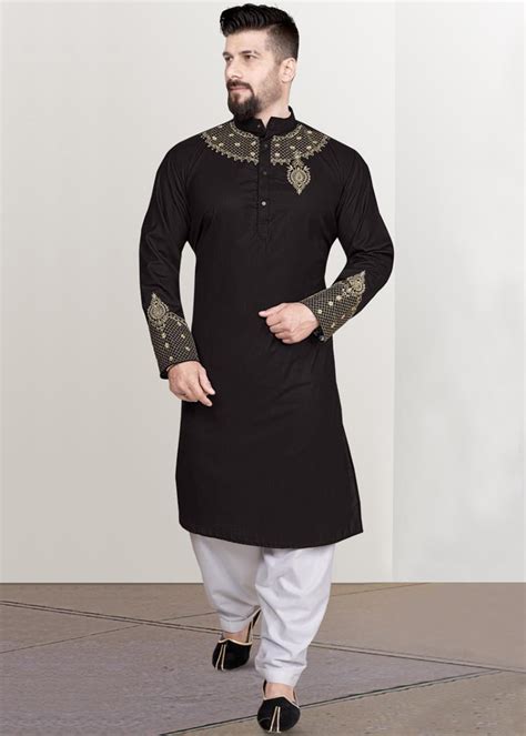 Black Embroidered Pathani Suit In Cotton Ubicaciondepersonascdmxgobmx