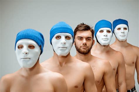 The People In Masks And One Man Without Mask Stock Photo Image Of
