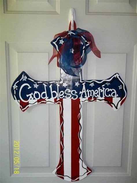 Hand Painted Wooden Cross Flag God Bless America Door Hanger