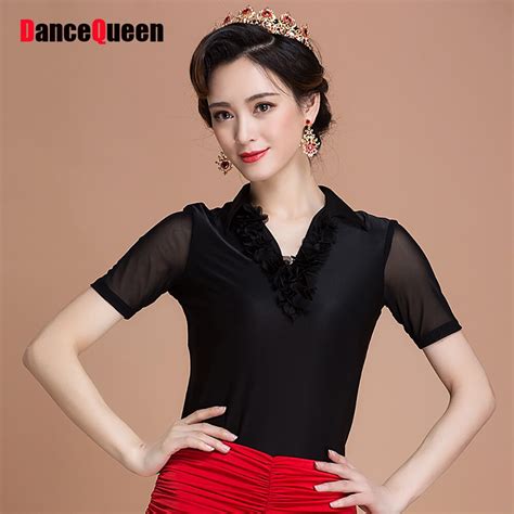 Hot Selling Latin Dance Shirts For Ladies Black Color V Collar Cotton Silk Shirts Cheap Woman