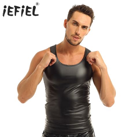 Iefiel Mens Faux Leather Sleeveless Vest Tank Top Costume Clubwear