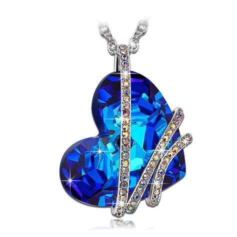 Romantic Blue Heart Pendant Necklace Silver Plated Crystal Heart Charm