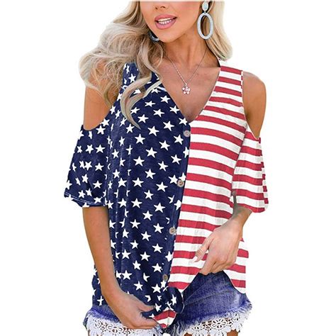 Feitong American Flag Print T Shirt 4th Of July Womens Patriotic Stripes Star Cold Shoulder