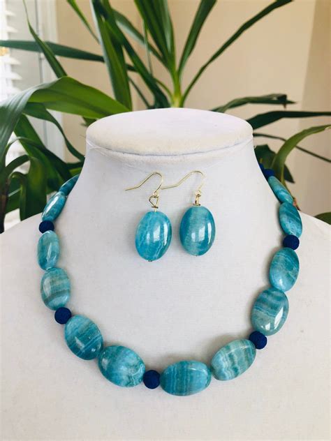 Sky Blue Agate Necklace Oval Stripe Agate Necklace Earrings Chic