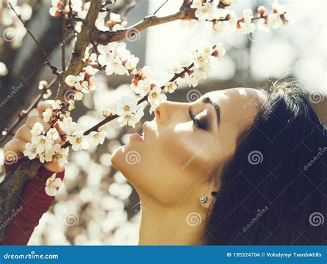 Woman With Blooming Apricot Stock Photo Image Of Posing Season