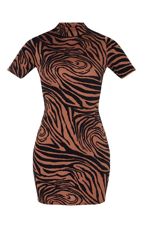Brown Zebra Print Flocked High Neck Bodycon Dress Prettylittlething Ie