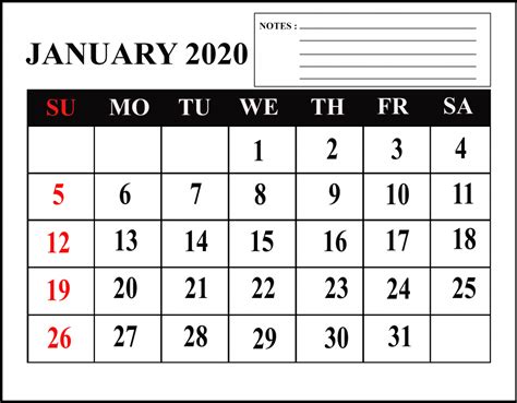 Editable January 2020 Calendar With Notes January January2020