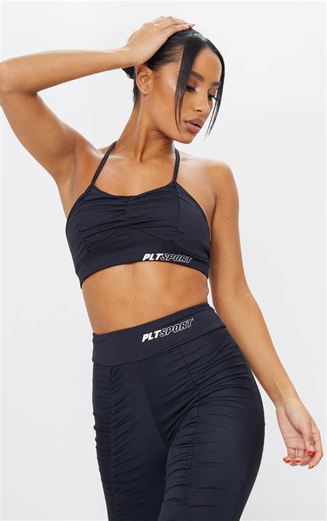 Black Ruched Sports Bra Active Prettylittlething Usa