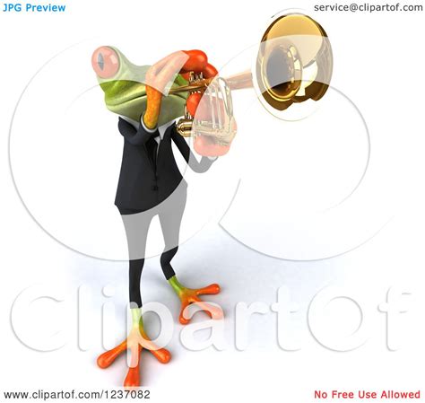 Clipart Of A 3d Business Springer Frog Playing A Trumpet 2 Royalty
