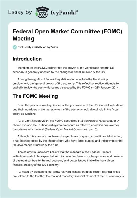 Federal Open Market Committee Fomc Meeting 604 Words Report Example