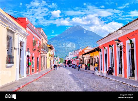 Street View Of Antigua Guatemala Stock Photo Alamy