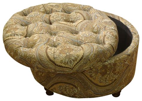 Button Tufted Brown And Teal Paisley Round Storage Ottoman ... Designed by us and available only at one kings lane: