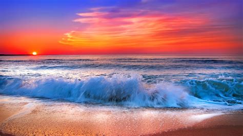 Wallpaper Id 171936 Ocean Sunset Waves Sky Sea Beach