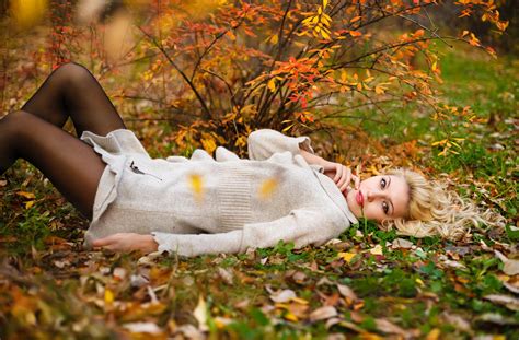 Women Model Blonde Long Hair Women Outdoors Dress Nature Lying On Back Leaves Hd