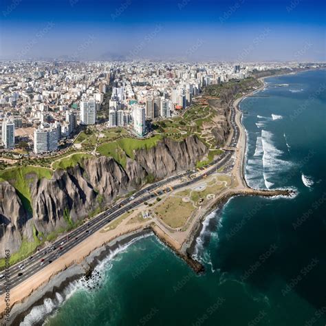 Lima Peru Aerial View Of Miraflores Town Cliff And The Costa Verde