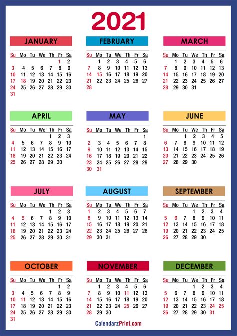 Bagi sobat semua, format kalender ini hanya referensi saja jika ingin diperbanyak dalam cetakan silahkan dicek lagi disesuikan sama kalender indonesia yang resmi. 2021 Calendar with Holidays, Printable Free, Colorful ...