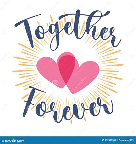 Two Hearts With Lettering Together Forever Emblem Stock Vector