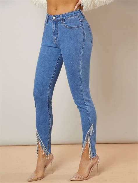 Rhinestone Fringe Asymmetrical Hem Skinny Jeans Shein South Africa