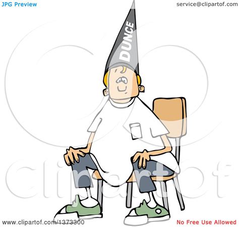 Clipart Of A Cartoon Blond Caucasian Boy Wearing A Dunce Hat And