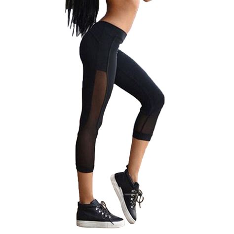 Black Sexy Mesh Leggings Elastic Patchwork Women Capri Pants Fitness Leggings Mid Calf Leggins