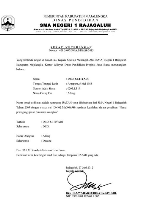 Format Surat Keterangan Ijazah Salah Nama Tempat Tanggal Lahir Nisn