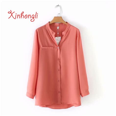 Plus Size Stand Collar Solid Color Chiffon Women Blouse Spring