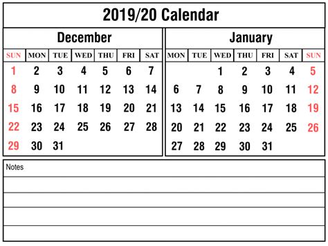 December January 2019 2020 Holiday Calendar Free Printable Calendar 2023