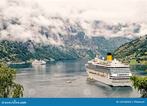 Cruiser Ship In Fjord Norwayluxury Cruise Ship At Norwegian Fjords Stock Image Image Of
