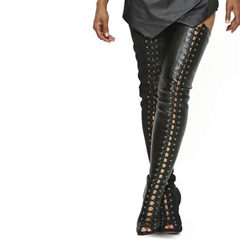 Lace Up New Fashion Women Open Toe Black Leather Over Knee Gladiator