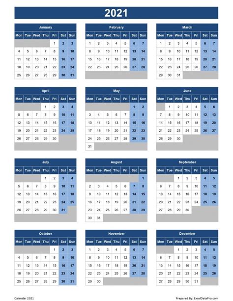 Kalender selbst erstellen (jahreskalender & fotokalender). Download 2021 Yearly Calendar (Mon Start) Excel Template ...