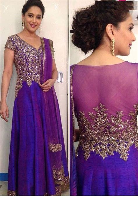 Madhuri Dixit In Long Purple Dual Shade Salwar Kameez Anarkali Dress