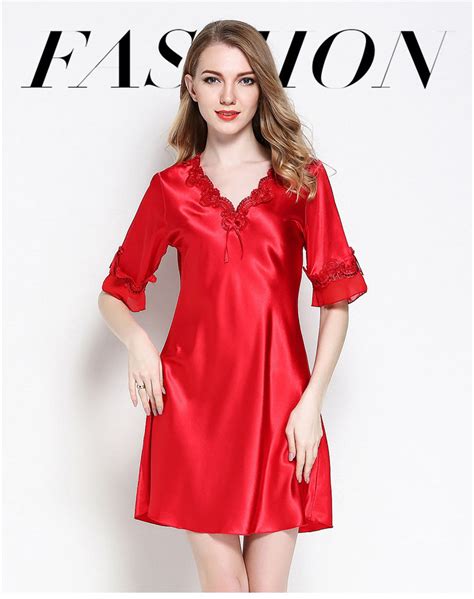 Sexy Women Satin Sleepwear Silk Nightgown Half Sleeve Embroidery