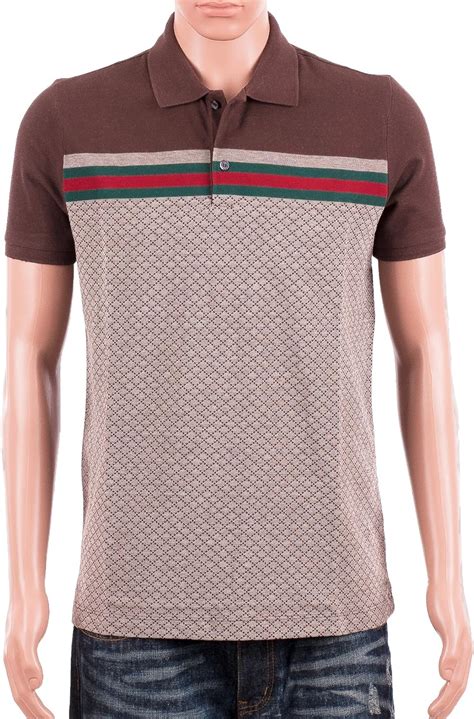 Gucci Mens Polo Shirt Brown With Diamante Print And Front Stripe