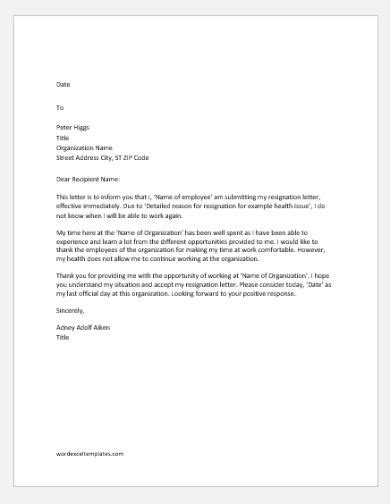 Resign Letter Due To Health Reasons Collection Letter Templates