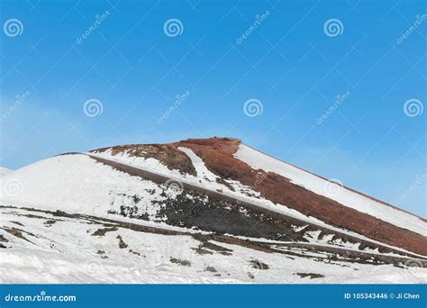 Snow On Lava Stone On Mount Etna Stock Photo Image Of Volcanic Rock