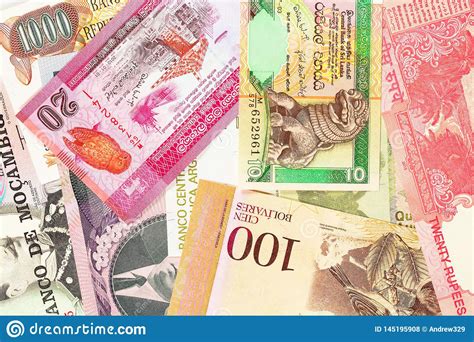 Old Paper Banknotes From Various Exotic Countries Colorful Money