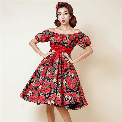 0264 1950s Rockabilly Pinup Fashion Classic Elegant Party Swing Dress In Skull And Rose In
