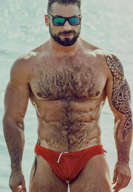 Shirtless Male Beefcake Muscular Hairy Chest Abs Speedo Beard Guy Photo