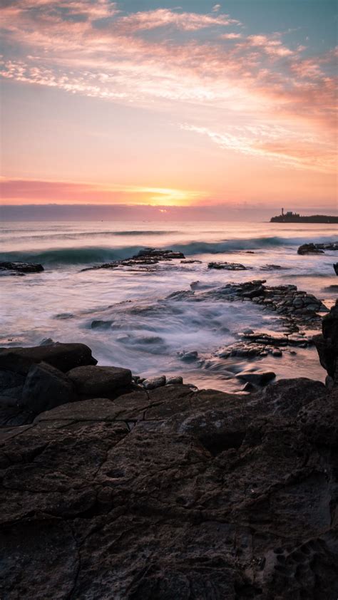 Sunset Beach Rocks Sea Foam Horizon Clouds