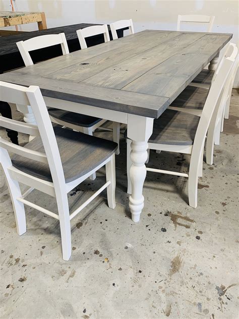 Ft Rustic Farmhouse Table With Turned Legs Chair Set Classic Gray Top And Antique White Base