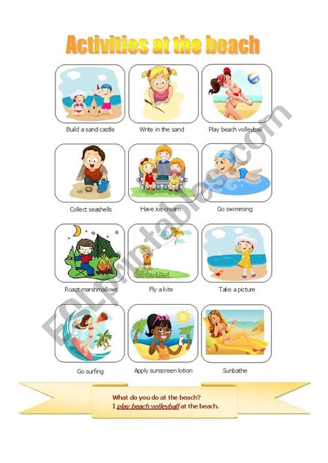 Activities At The Beach Esl Worksheet By Cachualively