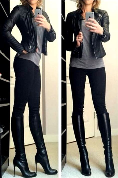 black knee high boots outfit with black biker jacket outfits with leggings women leggings