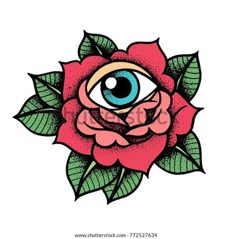 Old School Rose Tattoo With Eye Traditional Black Dot Style And Color