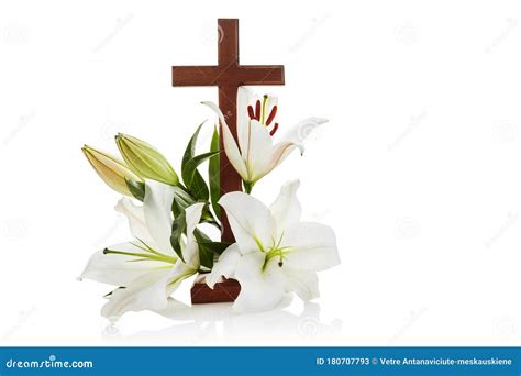 Kreuz Mit Den Lilien Isoliert Auf Weißem Hintergrund Für Zierpflanzen