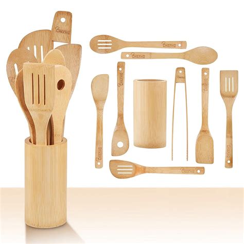 Chefhq 9 Piece Bamboo Cooking Utensils Set Set Includes Holder