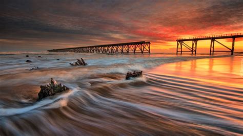 Nature Landscape Sea Waves Bridge Long Exposure Clouds Sunset