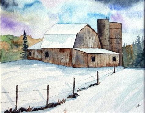 Art Print Original Watercolor Print Barns Brown Barns Snow Scene