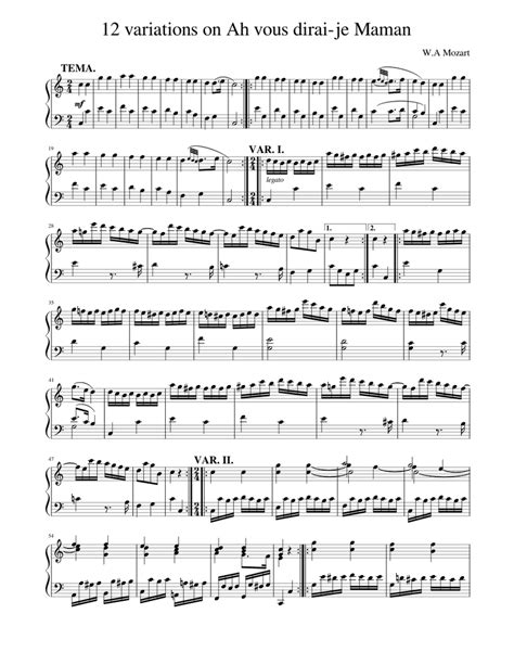 Mozart 12 Variations On Ah Vous Dirai Je Maman K 265 Sheet Music For Piano Solo