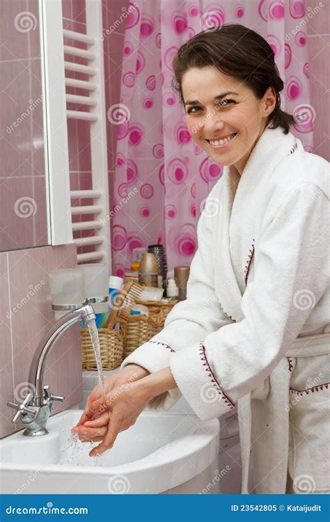 Young Woman Washing Hands In Bathroom Stock Image Image Of Clean