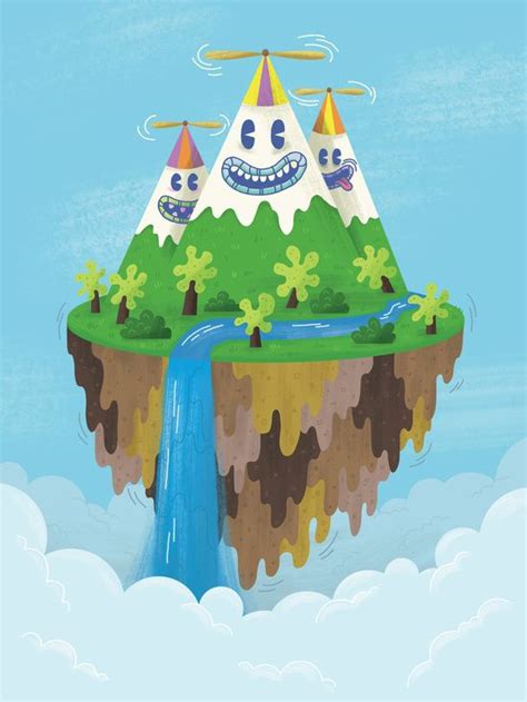 An Island In The Sky With A Waterfall And Two Cartoon Faces On Its Face